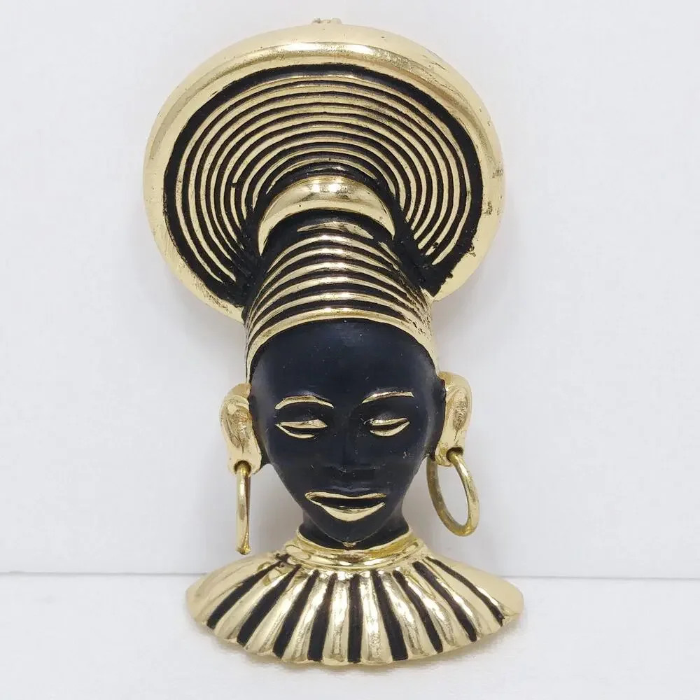 Vintage Art Deco Tribal Queen Black Enamel Gold Tone Brooch - Picture 3 of 10